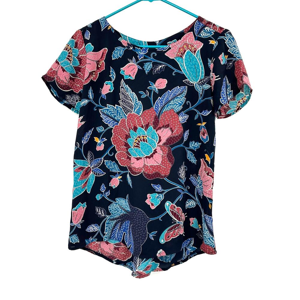 LOFT Size XS Short Sleeve Top Blouse Shirt Blue and Pink Floral Print Casualwear